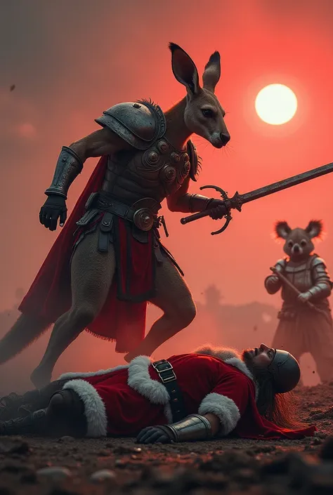 "A Spartan kangaroo, dressed in ornate, battle-scarred armor, forcefully drives its sword into the chest of a defeated Viking wearing Santa Claus attire. The Viking lies sprawled on the ground, his face frozen in pain and defeat. In the background, an inju...