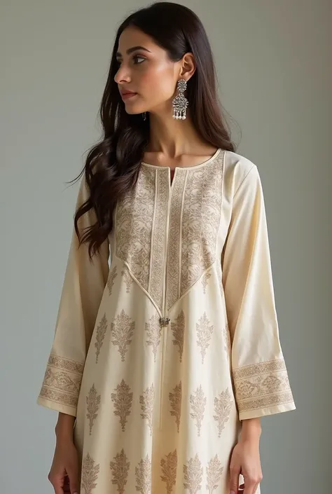 Take pakistani lawn shirt piece
Make it long shirt
Neck is closed with boat neck
Front body style is frock with chuns 
Sleeves full and fitted