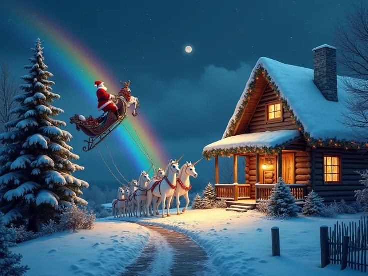 A realistic image on the right: a wooden cottage decorated for Christmas, it is night, everything is covered in snow, to the left of the cottage, a big tree decorated also for Christmas, on the left of the image: Santa Claus comes down from a rainbow, his ...