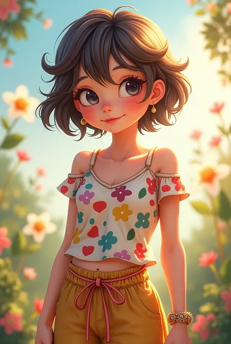 Girl with short wavy hair and chick clothes