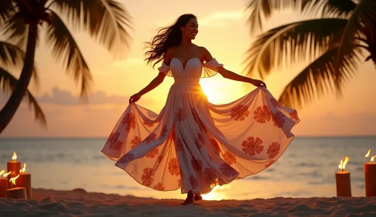 
"An elegant Indian woman dances barefoot on a tropical beach during sunset, surrounded by tiki torches and palm trees. She’s wearing a flowy, off-shoulder floral maxi dress in pastel shades, which swirls beautifully with her movements. The golden hues of ...