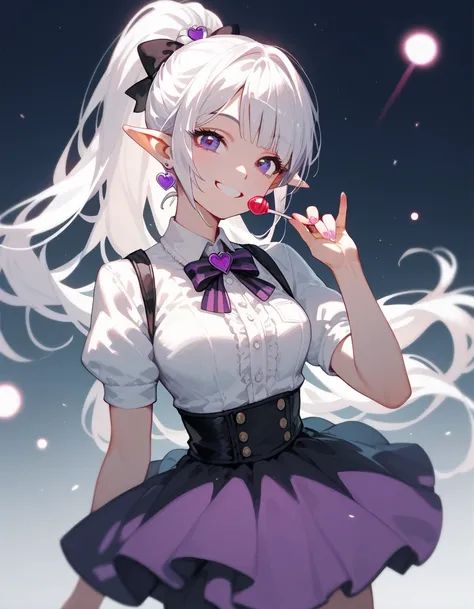 girl,White hair, long ponytail, in purple eyes,Pointed ears,Black Idol , medium breasts,smile,Wear a skirt, lollipop ,Tall,