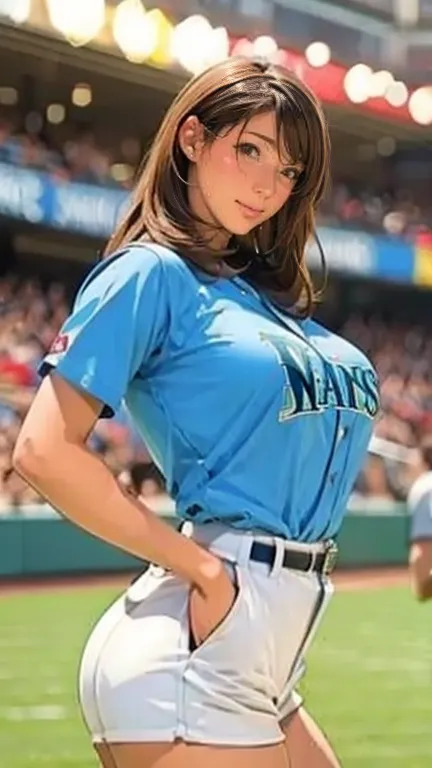 a very beautiful woman in a seattle mariners uniform,hitting at giants stadium、 bat