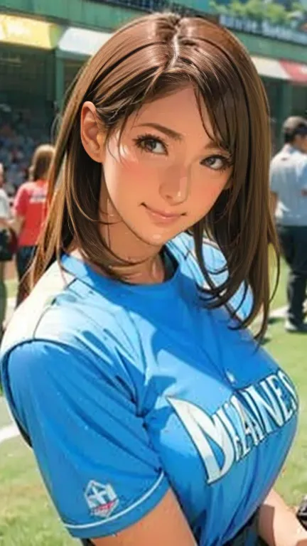 a very beautiful woman in a seattle mariners uniform,hitting at giants stadium、 bat