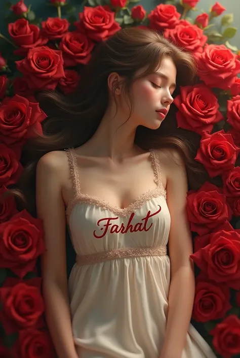 beautiful girl sleeping on rose flower bed and the name is written on her dress is Farhat 