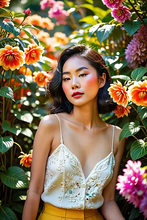 Amidst the vibrant colors of a sunlit garden, the scene transforms to capture the sun-kissed young Asian woman in a moment of artistic inspiration. She stands confidently, her hand thoughtfully resting on her head, as if contemplating the beauty around her...