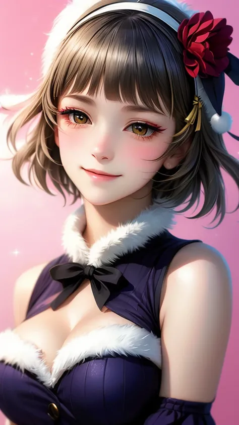 (((solo))), 1 woman, LOVELIVE! Sakuya Kurobane, sakuyaunif, kurobane_sakuya, short hair, grey hair, black hairband, blue hair flower, brown eyes, red eyeliner, chest, blush, smile, (full body), santa claus