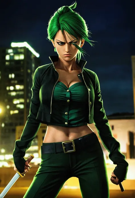 Beatiful woman, Roronoa Zoro, angry look, (one eye closed), scar on the eye, green hair. solo, full body, ((((masterpiece))), ((best quality)), (extremely detailed), dark intense shadows, lighting, HDR, good composition, dynamic pose, black eyes, modern fa...