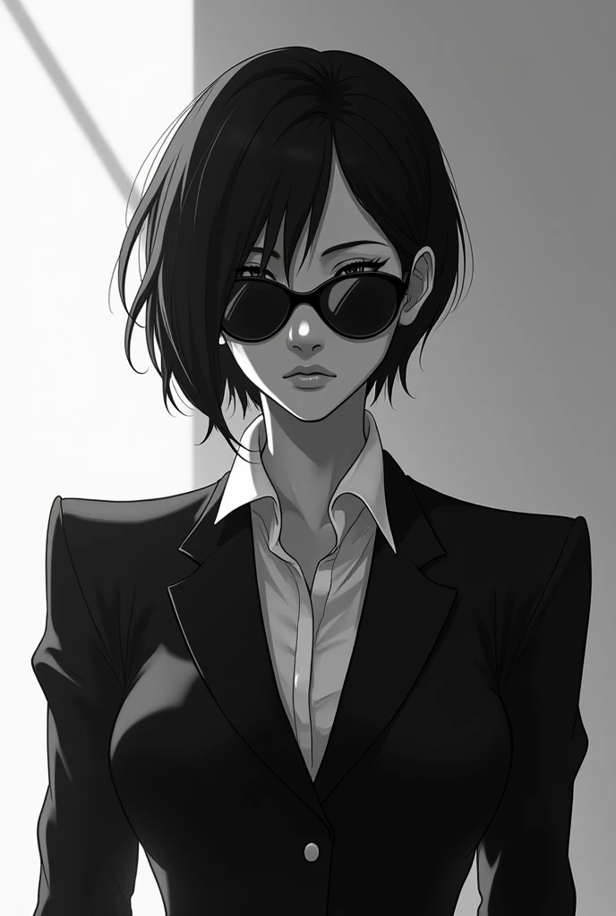 anime women wear suit with sunglasses and short hair. no smiling and cool face. make black and white picture. 