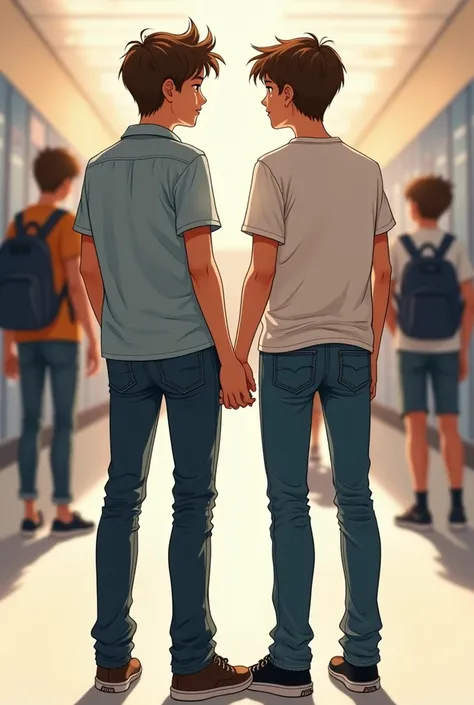 Back view illustration of two high school boys