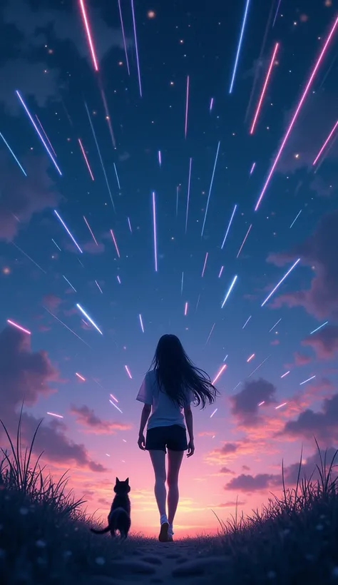 360度見渡す限りの広い大空に、 fantastic colorful shooting stars fill the night sky in a 360-degree view 。 a young woman with long hair seen from her back 、 walking in a white translucent blouse and black shorts。 with a black cat walking side by side 。Cinematic footage ...