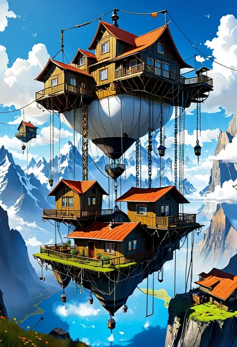 an illustration fantastic randscape,floating housies with chain,8000m height from the ground