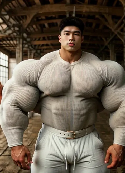 1 asian boy, giant, alone, giant bodybuilder, (very short hair:1.3), massive bulge, soft light, strong body, bulk, large size, brutalmass, massive body, bulk, wide pecs, large body size, indoor, wearing a long sleeve white shirt and pants with enormous bul...