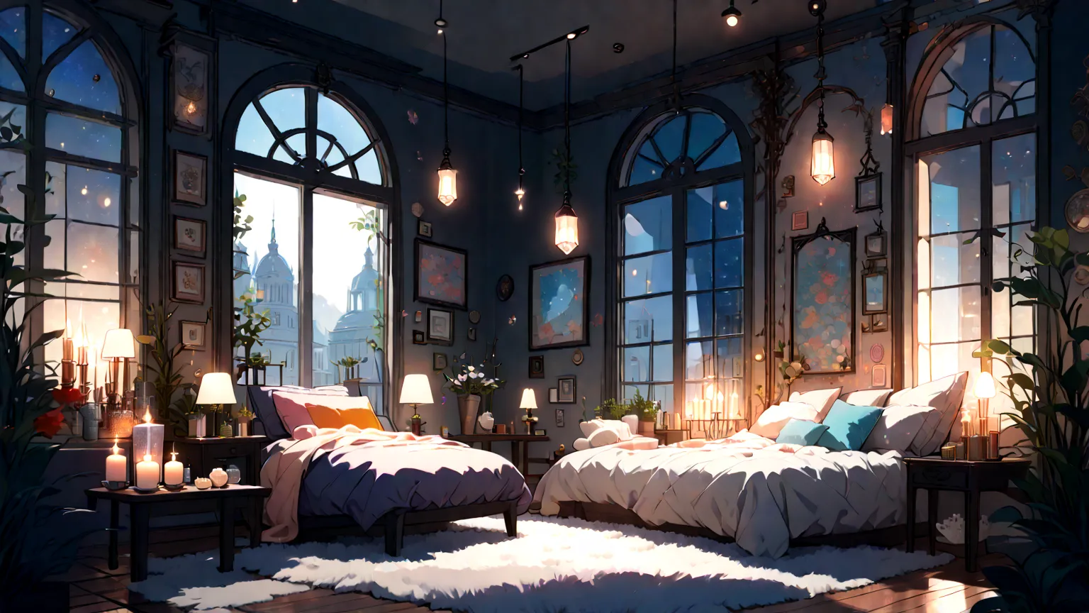 stylish and cute room background, simple,a very huge window,warm, aromatic candles , colorful