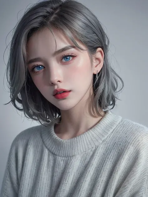  best quality ， masterpiece，  ultra high resolution， （  curved ：1.5）， RAW Photos，  1 girl， b shoulder， Night in the Dark ， Dark Shading， Small Sound， Cold Light，  sexy look， [[Silver short hair]], blue eyes,Bright red lips、 Female Adult、 black sweater 、 si...