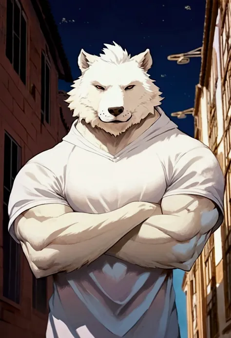 Large muscular alpha male, anthro canine male, wearing a white hooded shirt, white furred canine male, looking intensely and dominantly at viewer, a few small scars along his forearms and biceps, small scar on his neck