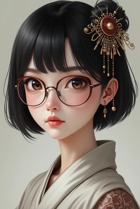 Glasses，Beauty， Japanese，black short hair，Large hair ornament，slightly big eyes ， face up ， white skin，