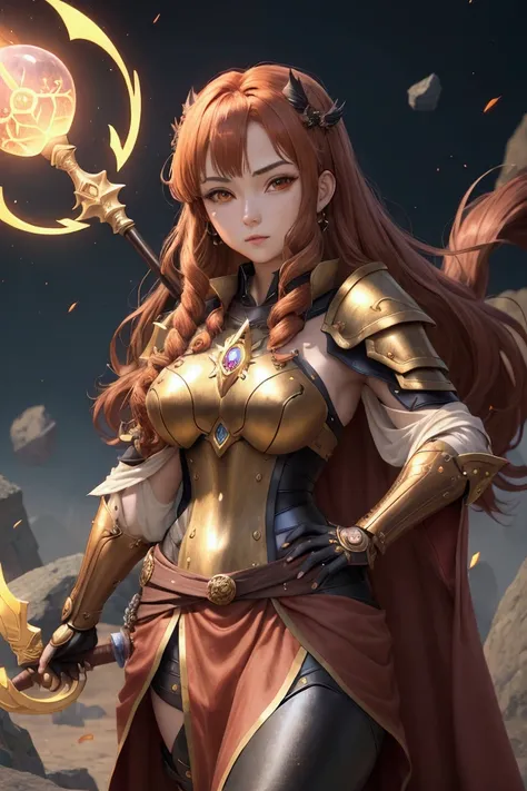 anime, 25 y woman, mid length chesnut hair, wearing a brown magician robe with stone and earth symbols, a bronze metal plate armor on the robe, an ocher glowing stone on the armor, metal belt, ((wear claw-like bladed glove in left hand)), magical staff in ...