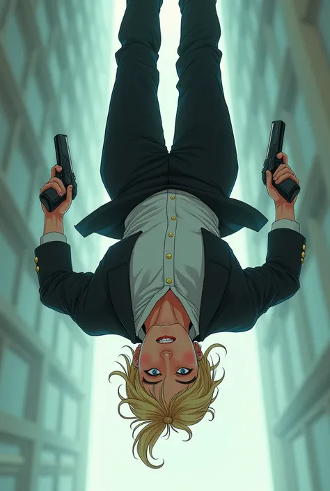 please create a photo of a hot blonde guy in a messy bun.
Thin, lean muscle build.
Wearing a tuxedo and wielding double guns.
Body upside down to show he has gravity powers
Realism Anime style like the art style used in the game Path to Nowhere