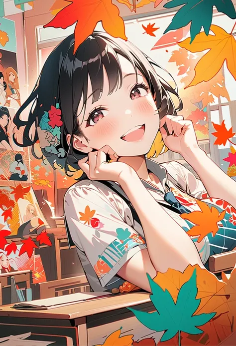 (masterpiece, best quality),(double exposure:1.2), woodblock print collage depicting,(cute school girl,teen,large breasts,classroom),super happy,smile,great joy,surrounded by autumn-leaves symbols,melancholic and nostalgic, splash color,collage art, contem...