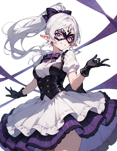 girl,White hair, long hair, ponytail, in purple eyes,Pointed ears,Black Idol , medium breasts,smile,Wear a skirt, Tall,Put on a spider mask, wear gloves,