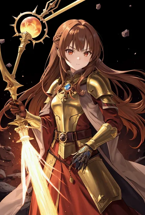 anime, 25 y woman, mid length chesnut hair, wearing a brown magician robe with stone and earth symbols, a bronze metal plate armor on the robe, an ocher glowing stone on the armor, metal belt, ((wear claw-like bladed glove in left hand)), magical staff in ...