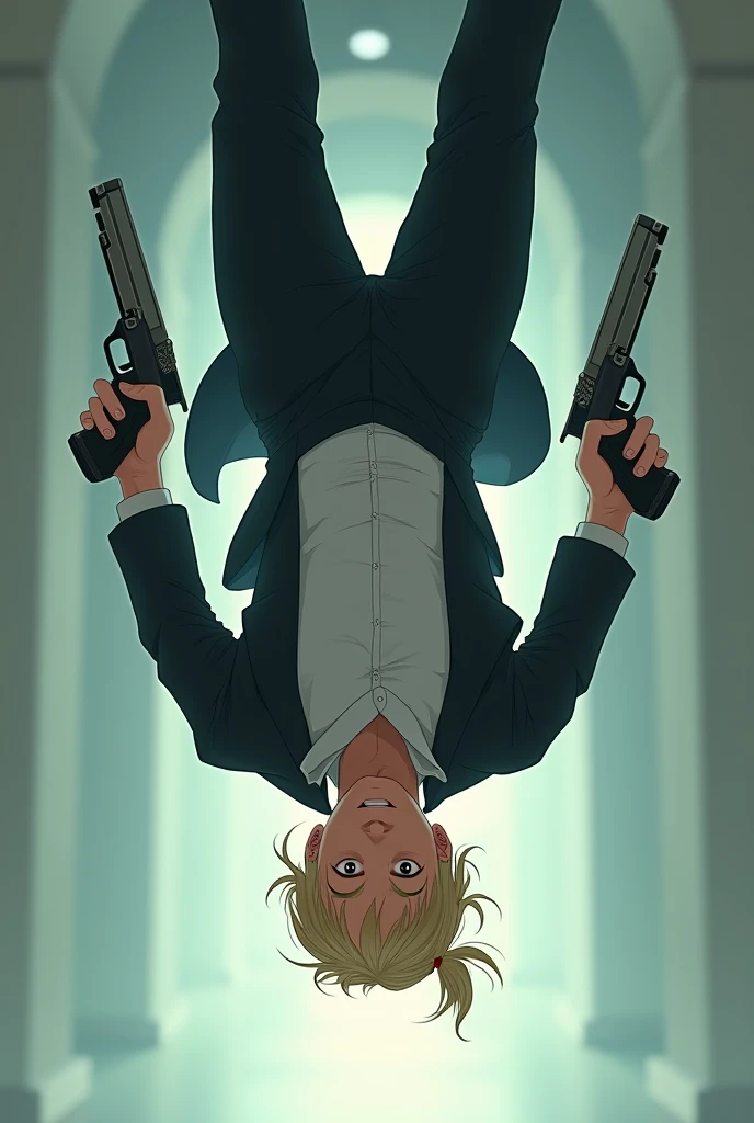 please create a photo of a hot blonde guy in a messy bun.
Thin, lean muscle build.
Wearing a tuxedo and wielding double guns.
Body upside down to show he has gravity powers
Realism Anime style like the art style used in the game Path to Nowhere