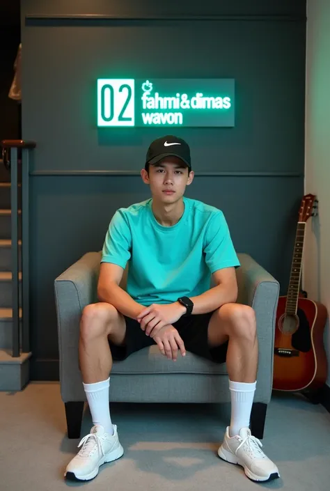 a man from Indonesia, 20 years. Wearing a turquoise t-shirt, black soccer shorts, black baseball cap, and white sneakers and socks. posing facing the camera while sitting relaxed on the gray Warab Sofa, next to it there is a small chair cushion and a guita...