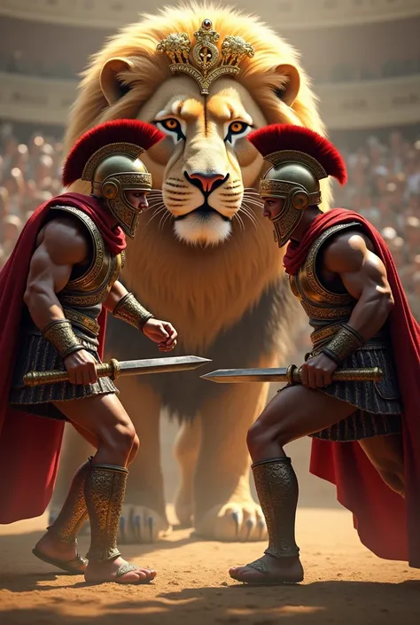 two warrior gladiators with the sign  $  and a lion with a gold-colored jewel crown 