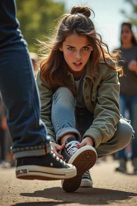 Pretty Teen girl stomping a boys food with converse on the ground, taking a realistic photo