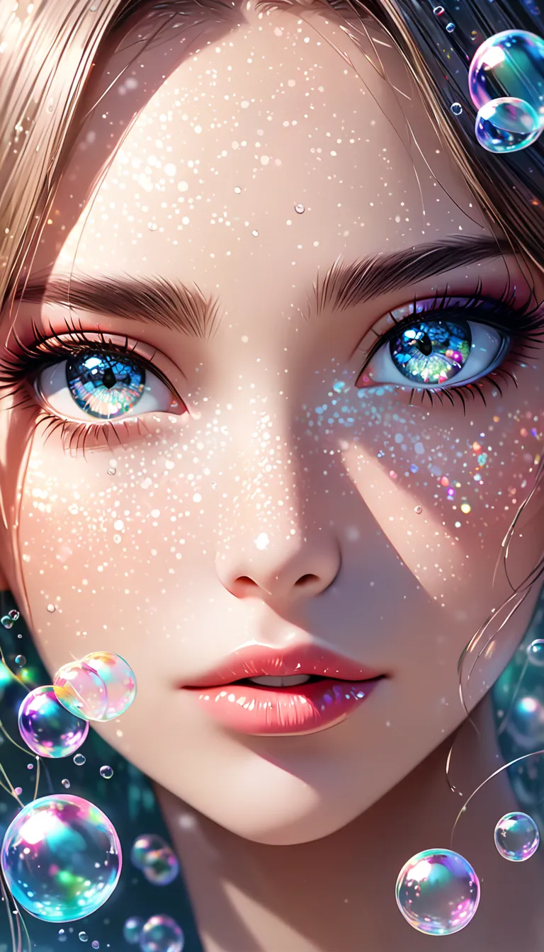 beautiful woman with seductive eyes ,  portrait,  shading effects ,  gradient magic effects , glitter effect, soap bubble effect...