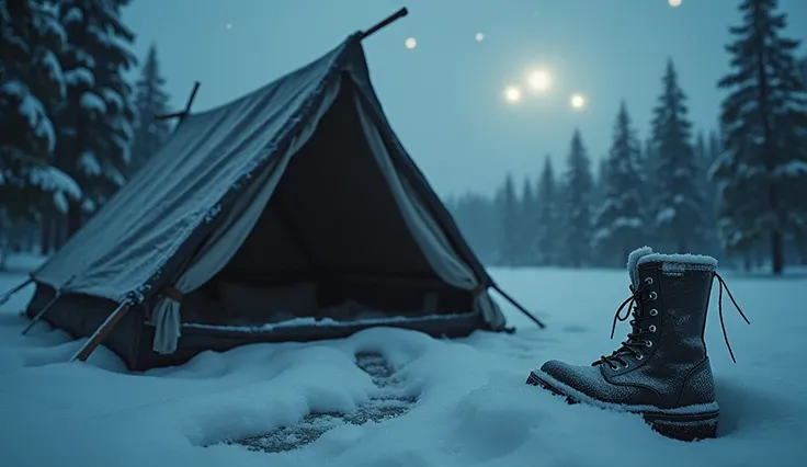 An intense and haunting composition: a close-up of a torn, snow-covered tent under a dark, stormy sky. The fabric of the tent flutters in the wind, with visible slash marks hinting at a struggle. In the foreground, a single, frost-covered boot lies partial...