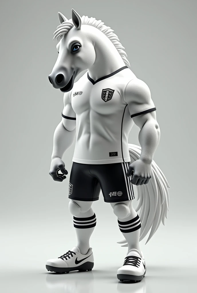 I want to create a 3D mascot of a white horse with a white soccer team jersey with black details and black soccer shorts and with white boots with black details