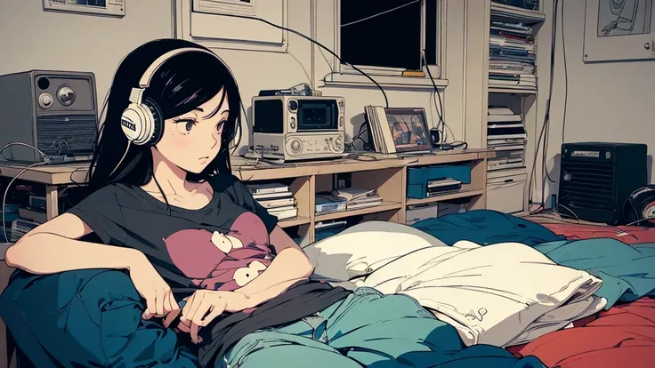 (flat color, retro, low contrast), (lofi), (girl listening to music, black hair, t-shirt, headphone), (dim and cozy room, Indirect lighting)