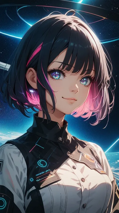 "A futuristic anime girl with long, straight black hair cascading evenly over her shoulders, dressed in a sleek white button-up shirt with faintly glowing high-tech buttons and a crisp, structured design. She stands facing the viewer in a front-facing pose...