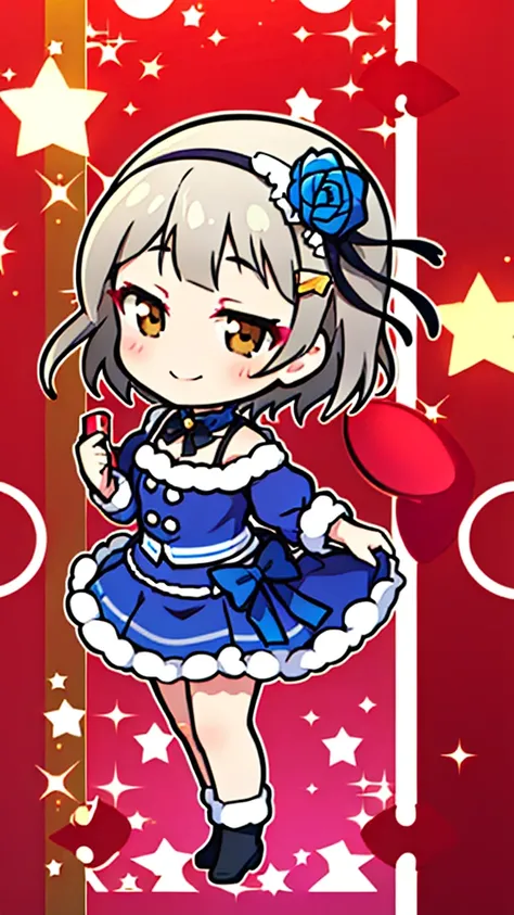 (((solo))), 1 woman, LOVELIVE! Sakuya Kurobane, sakuyaunif, kurobane_sakuya, short hair, grey hair, black hairband, blue hair flower, brown eyes, red eyeliner, chest, blush, smile, (full body), santa claus