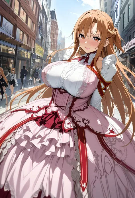 1girl , Asuna (sao), sword art online, master piece, best quality, big breasts, pink lips, massive freshness body, standing spread legs, lift-up skirt, pink gothic-lolita dress , non sao-design dress, lace luxury dress , city street, immoral wife , sensual...