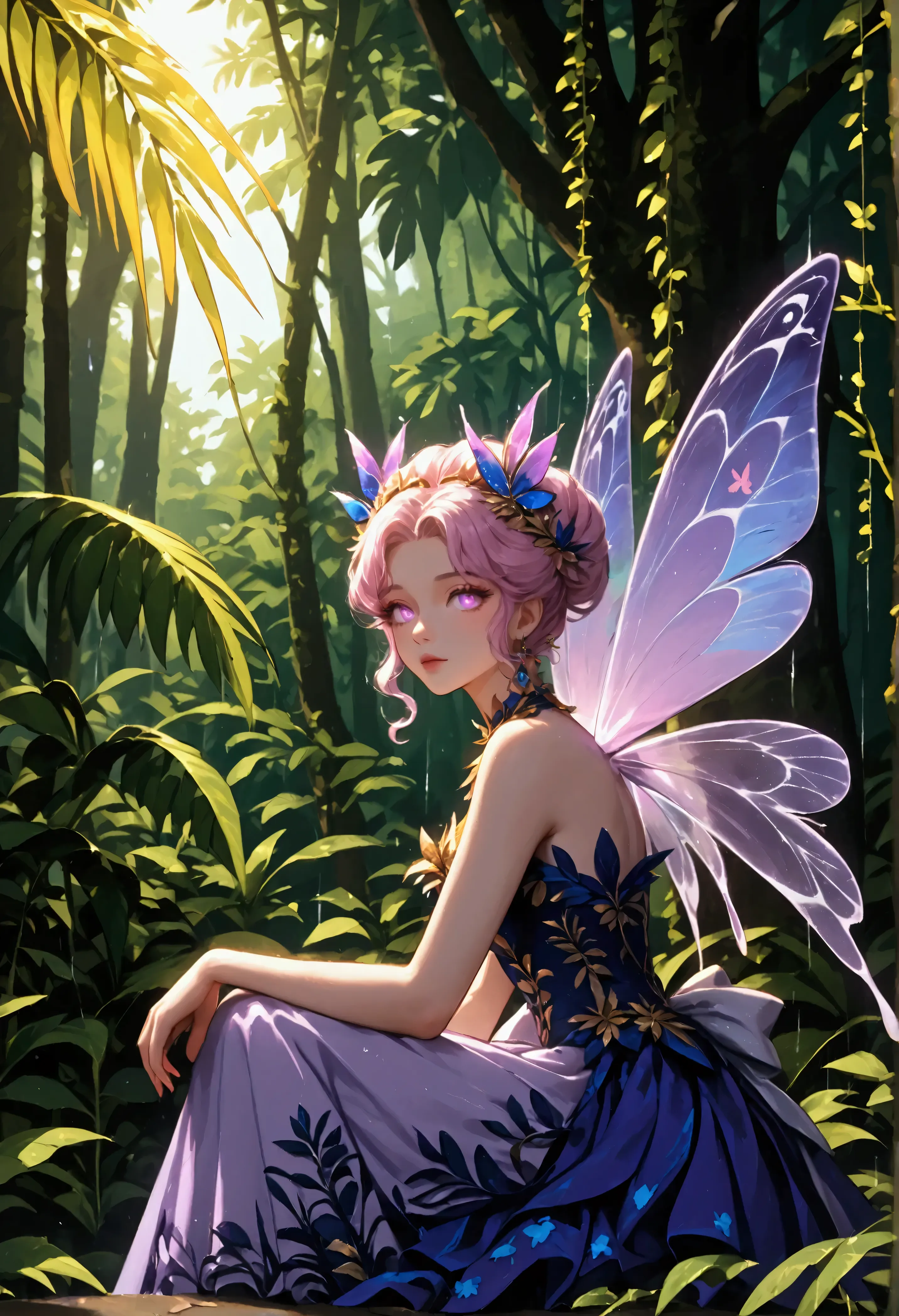 a picture of a jungle fairy, an extraordinary beautiful, elegant beauty, divine beautiful fairy, spread butterfly wings, blue an...