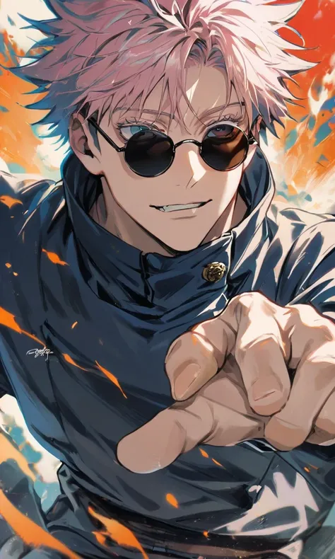 ( 1 boy ,Gojo Satoru,Jujutsu Kaisen), black round lens sunglasses , artwork