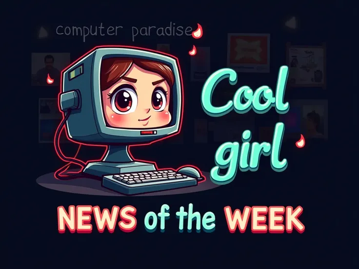  The image shows a computer with an attractive face and a tempting look,  next to which there is text  "Cool girl ".  At the bottom of the image is the word  "NEWS OF THE WEEK "  in tempting colors .  The image background is dark with pictures  "computer p...