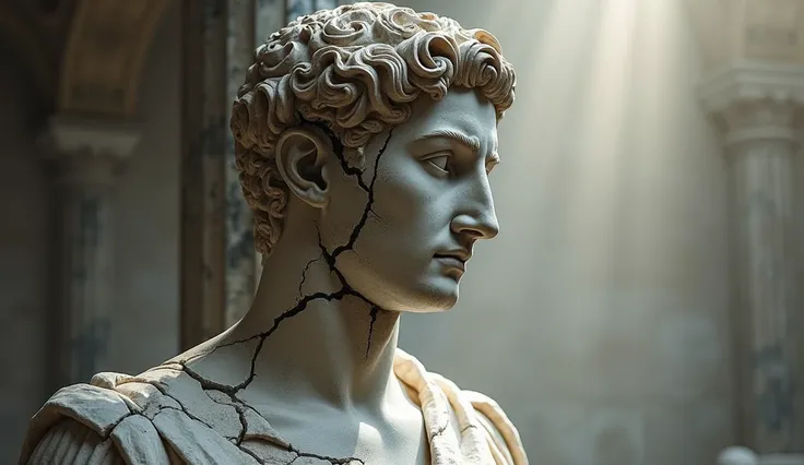  Marble statue with cracks : An imposing Roman statue , partially destroyed,  representing the fragility of power .  Cracks expose the hollow interior ,  while a soft light illuminates the face of the monument.Digital art style