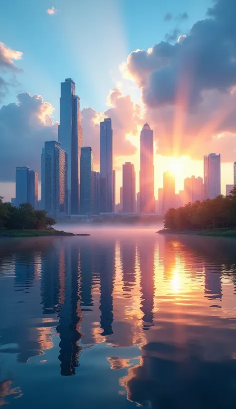 a reflection of a colourful city skyscrapers on a lake, dawn, god rays, sunrise, bright blue sky, white clouds, 4k, 8k, highres, masterpiece:1.2, ultra-detailed, realistic, photorealistic, photo-realistic:1.37, HDR, UHD, studio lighting, ultra-fine paintin...