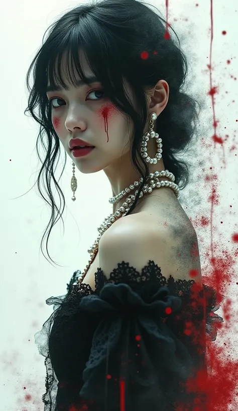 A woman with black hair and pearl jewelry standing in a mystifying double exposure world with a mix of white background and dark graphic overlays, featuring eerie bloody special effects and a cinematic video game art style with a liquid ink drawing sumi ef...