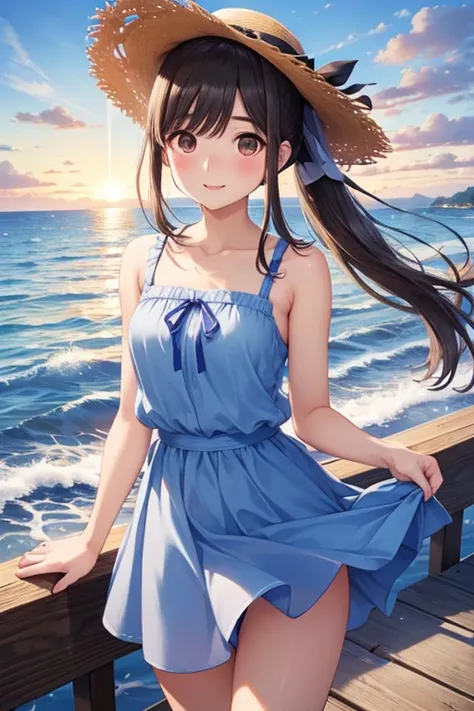 Takane Manaka、  Long Shiny Brown Hair 、 ribbon ponytail、 beautiful brown eyes 、smile、Sparkling Eyes, (fine grain)、 very detailed eyes、 very detailed face in light blue underwear,  very detailed eyes, masterpiece,  best quality,  high definition , ( best qu...