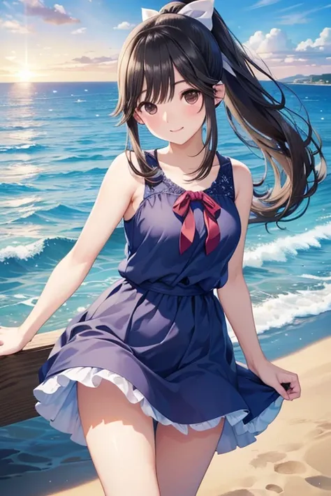 Takane Manaka、  shiny brown long hair、 ribbon ponytail、 beautiful brown eyes 、smile、Sparkling Eyes, (fine grain)、 very detailed eyes、 very detailed face in light blue underwear,  very detailed eyes, masterpiece,  best quality,  high definition , ( best qua...