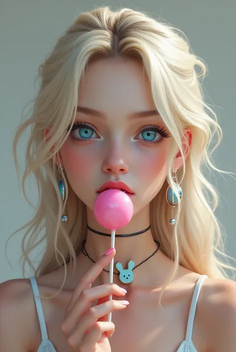 1girl, Jinx (league of legends), long, slightly frizzy hair, lollipop, bare shoulders, light blond hair, collarbone, teeth, choker, bright crystal blue eyes, rabbit necklace, portrait, Very beautiful, the best quality, pearly white skin, peach pink lips, a...