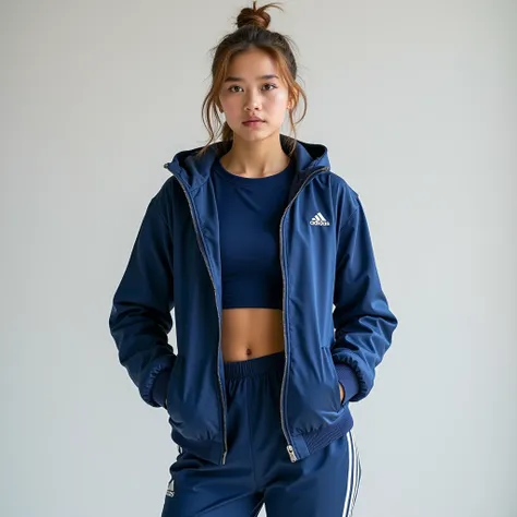 a Young woman in a blue jacket and pants posing, wearing a track suit, short jacket, wearing a tracksuit, tracksuit, blue jacket, sports jacket, harmony blue jacket, cropped shirt with jacket, wearing adidas clothing, jacket, sports clothing, casual clothe...