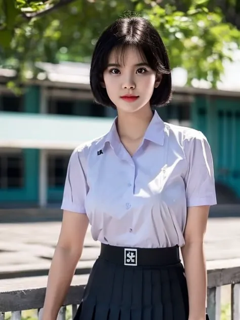 (photorealistic:1.4),Best quality, masterpiece ,Thai classroom, 1girl ,(mathayom uniform),white shirt short sleeves,(black pleated long skirt:1.2),short hair , Pretty thai woman short hair , big breasts , The shirt is tight , big tits
 