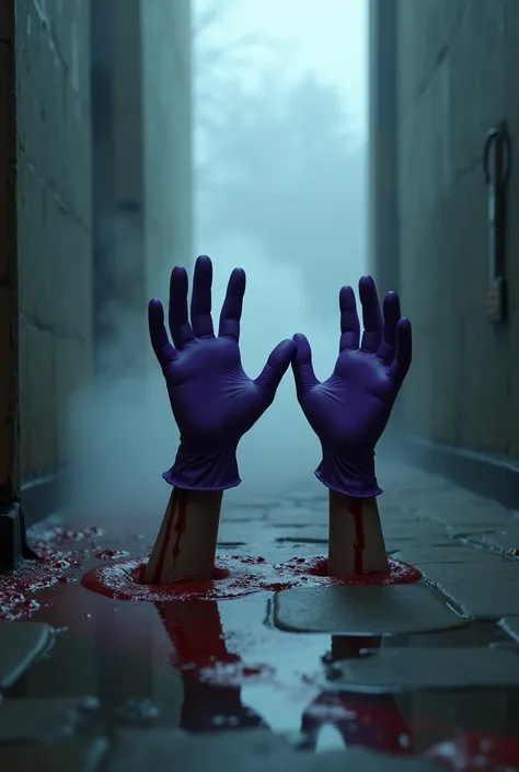 In the morning mist ,  from the floor，A pair of purple latex gloves and bloodied hands sticking out of the floor holding the body 