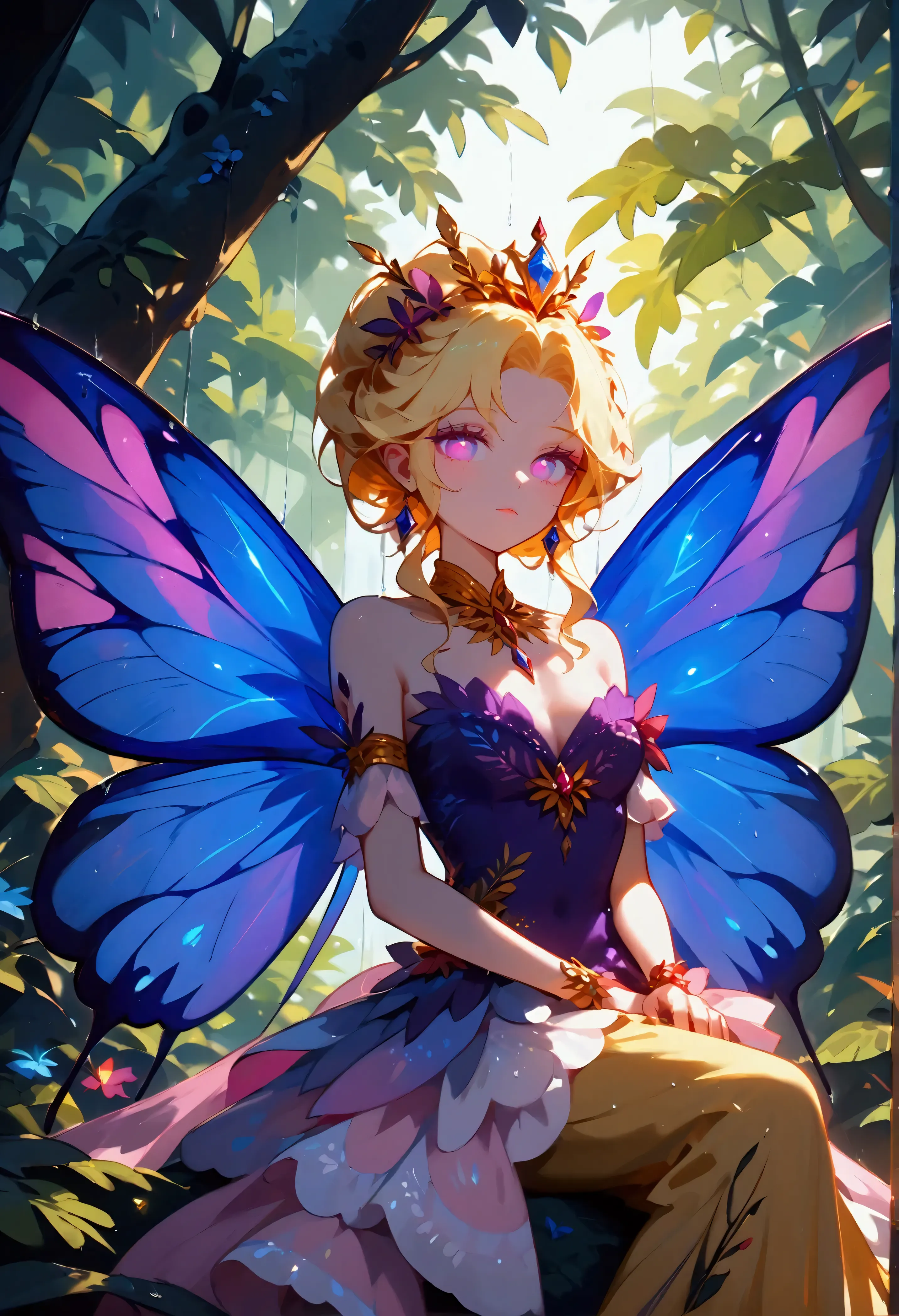 a picture of a jungle fairy, an extraordinary beautiful, elegant beauty, divine beautiful fairy, spread butterfly wings, blue an...